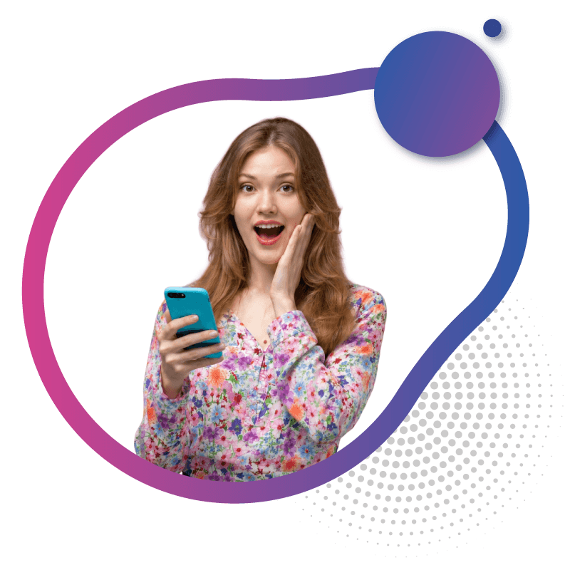 Excited woman holding smartphone, surprised by affordable eSIM data deals.