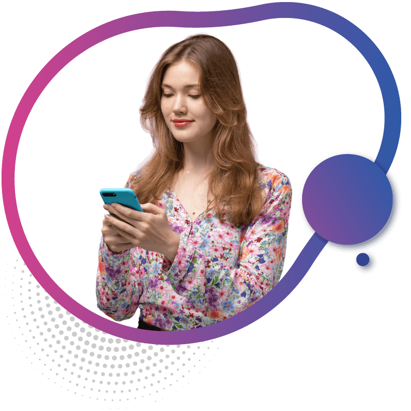 Woman browsing internet on a blue smartphone in a circular frame.