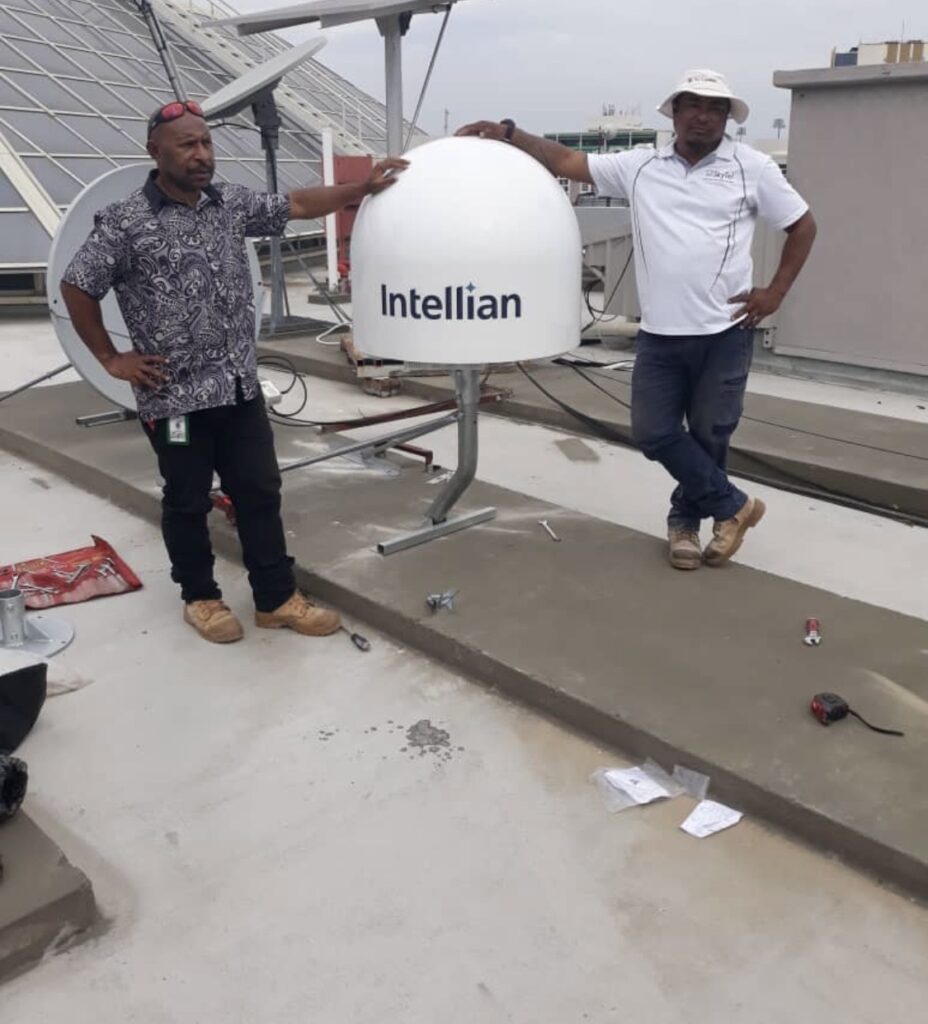 Intellian Satellite Terminal being installed on a roof